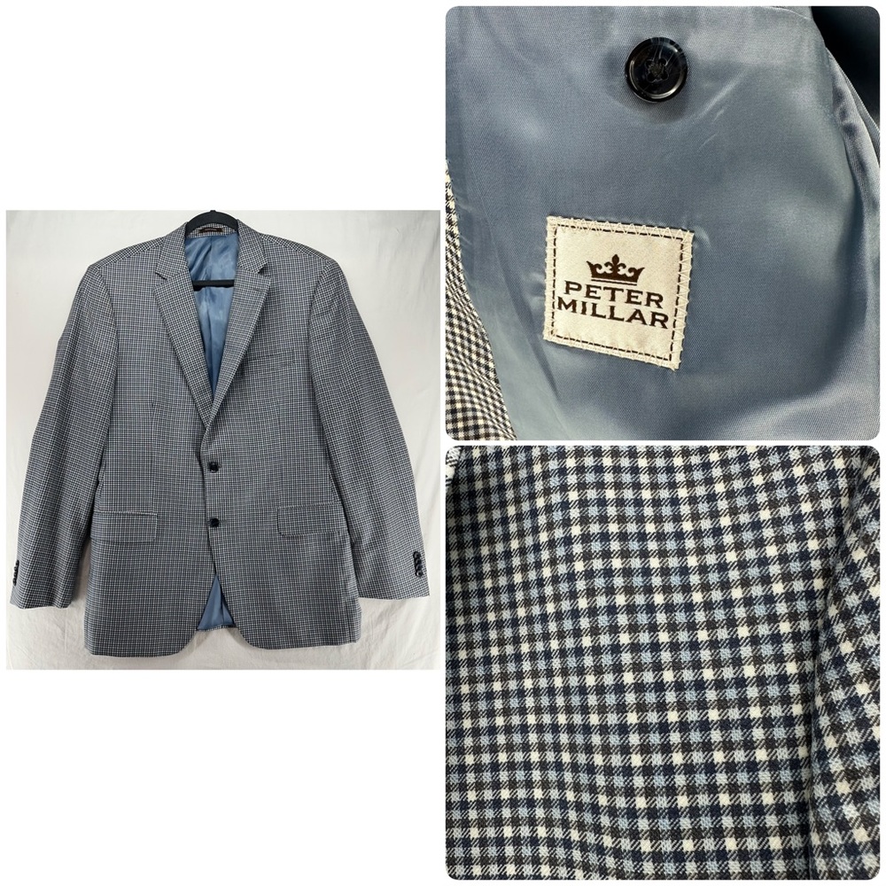 Peter Millar Blazer Mens 44T Brown Blue Plaid 100% Wool Sport Coat Canada Jacket